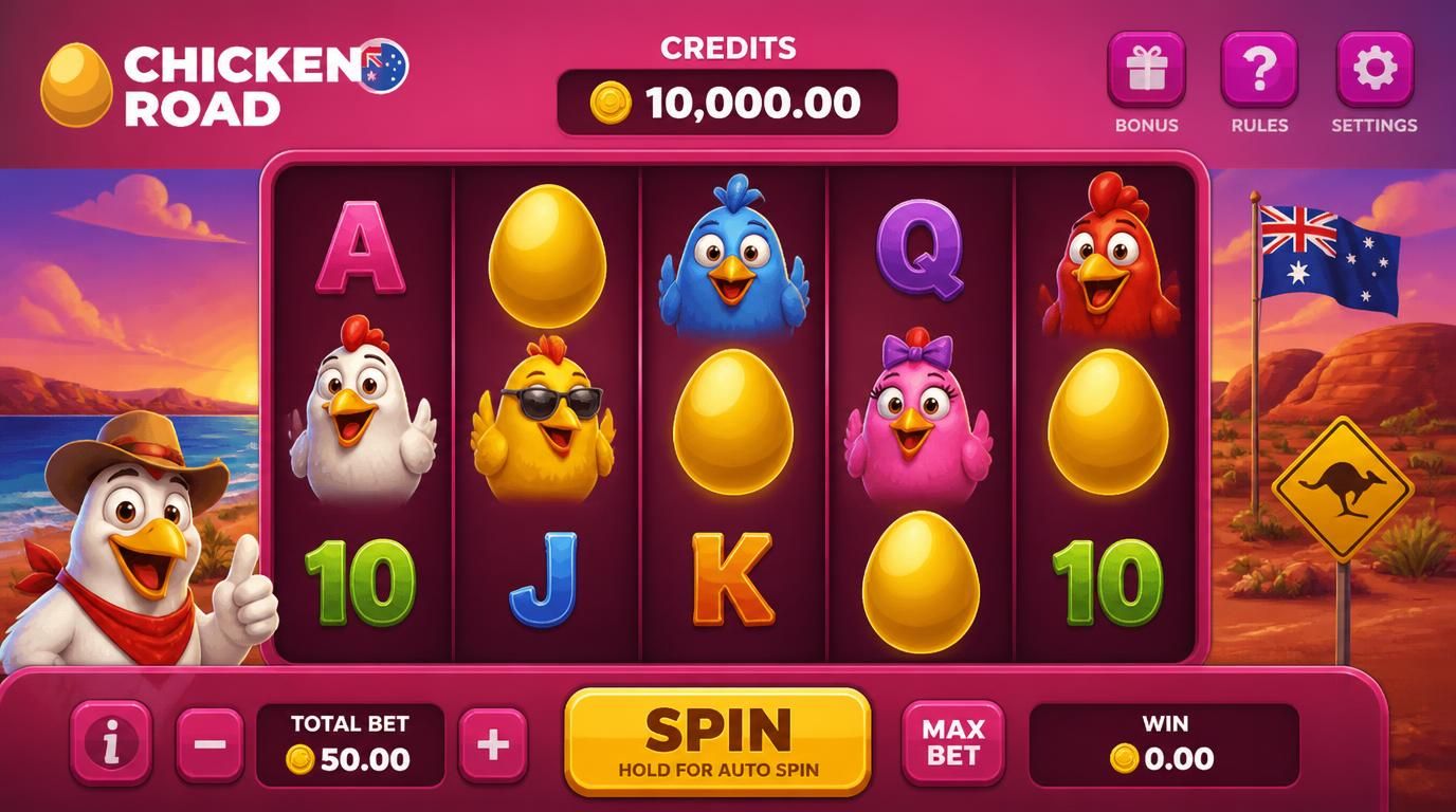 Image of the Chicken Road demo slot UI with virtual credits, chicken mascot, reels