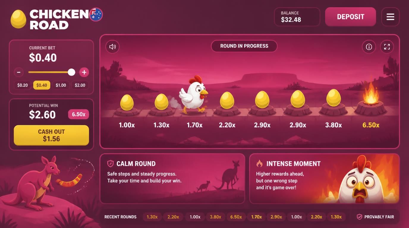 Low-stake play UI with small bet values, bet slider and tension contrast, Aussie element